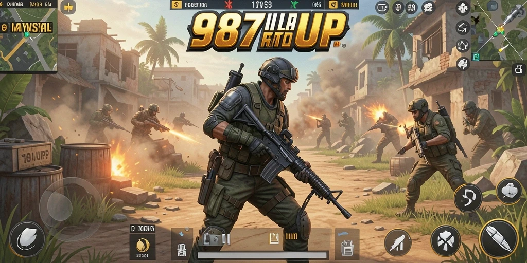 Screenshot gameplay 987UP menampilkan pertempuran seru di arena Battle Royale.