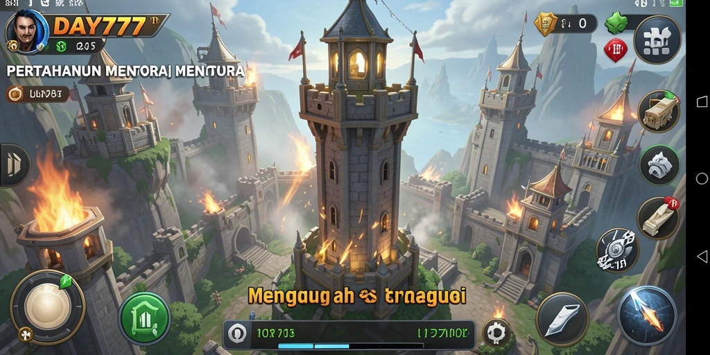 Screenshot mengilustrasikan gameplay Tower Defense yang menegangkan.