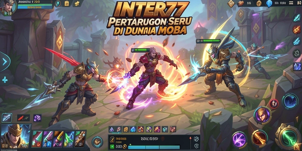 Tangkapan layar menampilkan aksi seru di <strong>INTER77</strong> dengan karakter beragam dalam pertempuran MOBA.