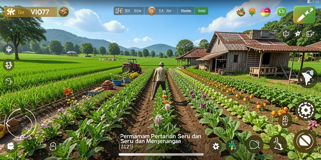 Tampilan permainan VIO77 dengan kebun yang subur dan tanaman yang beraneka ragam.